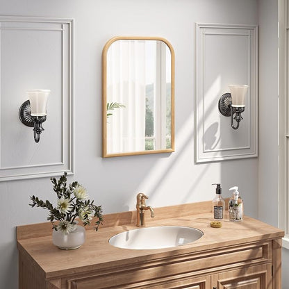20"x30" Arch Wall Mirror for Wall, Wall Mounted Vanity Mirror for Bedroom, Wood Grain Finish Frame Mirror with Tempered Glass, Vintage Decorative for Bathroom, Entryway, Living Room, Natural