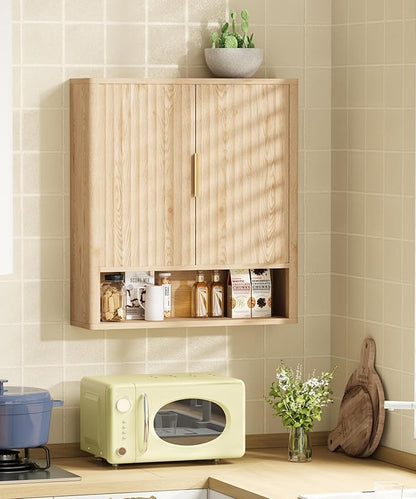 27.6" H Natural Bathroom Wall Cabinet with 2 Fluted Doors, Modern Medicine Cabinet with Adjustable Shelf, Curved Profile Wall Mounted Bathroom Cabinet for Kitchen, Living Room, Oak