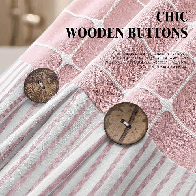 Farmhouse Shower Curtain Button Plaid-Pink-Pink Stripe 72"W x 72"L | Farmhouse Style, Chic Button, Striped, Linen Fabric, Rustic, Country, Natural Look, Washable, for Bathroom Bathtub