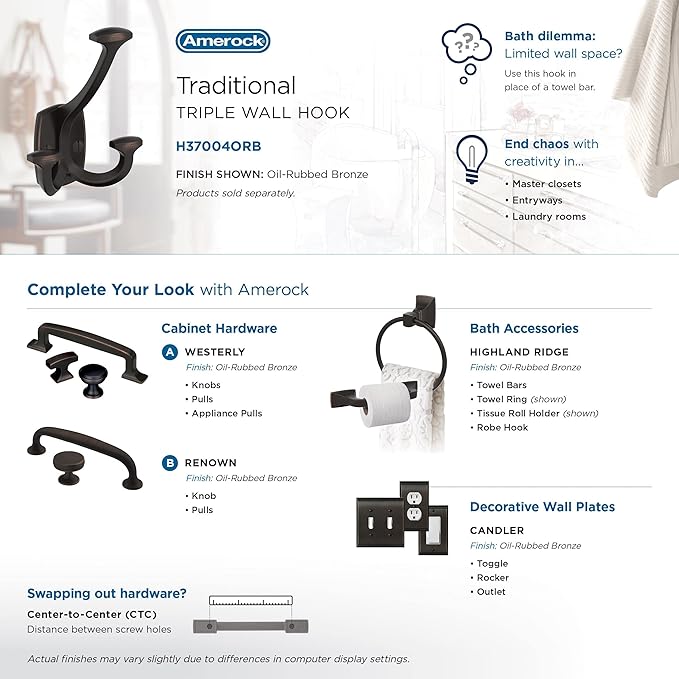 Amerock H37004ORB | Vicinity Triple Prong Decorative Wall Hook | Oil Rubbed Bronze Hook for Coats, Hats, Backpacks, Bags | Hooks for Bathroom, Bedroom, Closet, Entryway, Laundry Room, Office