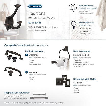 Amerock H37004ORB | Vicinity Triple Prong Decorative Wall Hook | Oil Rubbed Bronze Hook for Coats, Hats, Backpacks, Bags | Hooks for Bathroom, Bedroom, Closet, Entryway, Laundry Room, Office