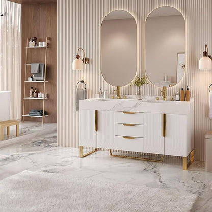 Bathroom Vanity with Sink, Modern Bathroom Vanity with Faux Marble Top, Gold Hardware & Soft-Close Drawers for Bathroom Storage (59.1 Inch, White, Double Sink & Freestanding)