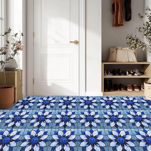 Blue Stained Glass Flower Peel and Stick Floor Tiles 12x12 Inch 10PCS | Blue stained glass style flower pattern vinyl floor stickers for kitchen bathroom entryway and indoor home decor