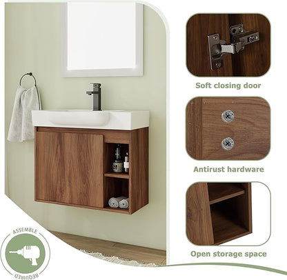 28 Inch Floating Vanity, 28" Bathroom Vanity with Sink, Single Sink Wall Mounted Vanity Combo, Modern Brown Bathroom Vanity Set with 1 Door