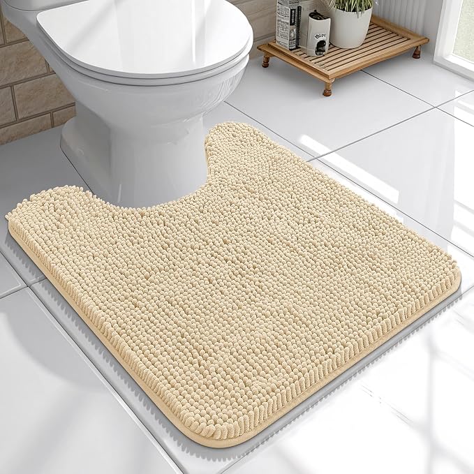 OLANLY Toilet Rugs U-Shaped 20x20, Soft Absorbent Chenille Contour Rugs | Beige, Quick-Drying Rubber Backing, Machine Washable Non-Slip Shaggy Bathroom Mat for Toilet, Home Decor Accessories