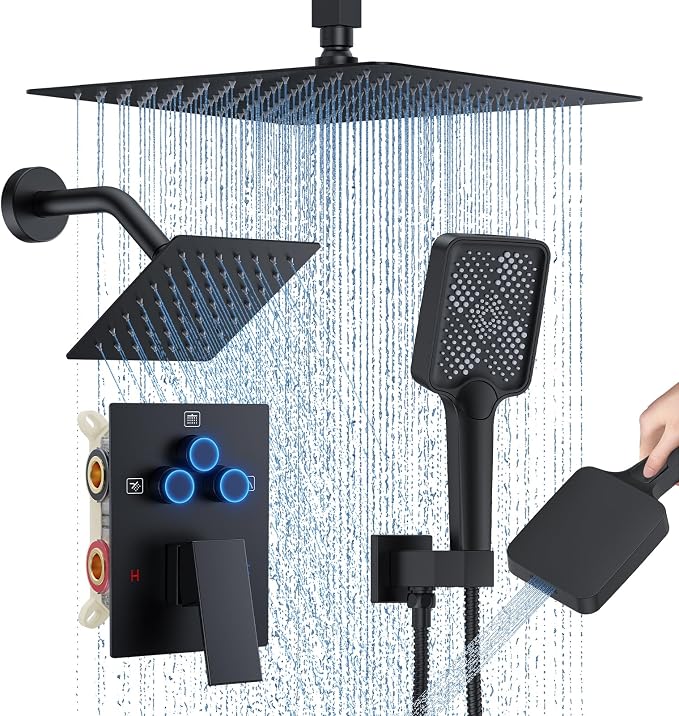 Shower Faucet Set, 12" Ceiling Mount Rainfall Shower System with 12'' Top Head+6'' Side Head and Multi-function Handheld Head Push Button Diverter Shower Faucet Trim Kit (12", Matte Black)
