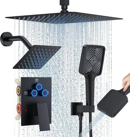 Shower Faucet Set, 12" Ceiling Mount Rainfall Shower System with 12'' Top Head+6'' Side Head and Multi-function Handheld Head Push Button Diverter Shower Faucet Trim Kit (12", Matte Black)