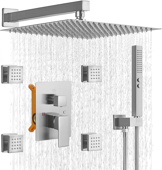 RUMOSE Rainfall Shower System with 4 Body Jets Wall Mounted 4 Mode Shower Faucet Set with 12 Inch Rain Shower Head and 2 in 1 Handheld Spray, Brushed Nickel Brass Shower Fixtures, Rough-in Valve