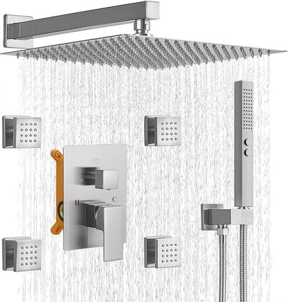 RUMOSE Rainfall Shower System with 4 Body Jets Wall Mounted 4 Mode Shower Faucet Set with 12 Inch Rain Shower Head and 2 in 1 Handheld Spray, Brushed Nickel Brass Shower Fixtures, Rough-in Valve