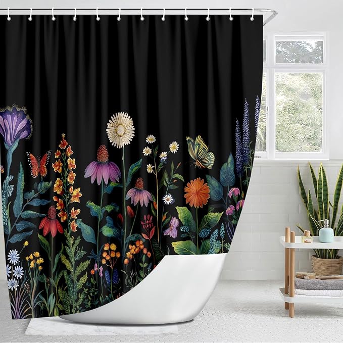 Boho Dark Floral Shower Curtain, Bright Colorful Rustic Wildflower Shower Curtain for Bathroom, Black Gothic Flowers Farmhouse Botanical Shower Curtains Machine Washable with 12 Hooks 72"X72" Inch