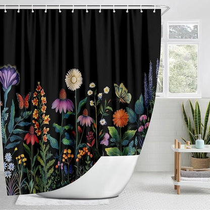 Boho Dark Floral Shower Curtain, Bright Colorful Rustic Wildflower Shower Curtain for Bathroom, Black Gothic Flowers Farmhouse Botanical Shower Curtains Machine Washable with 12 Hooks 72"X72" Inch