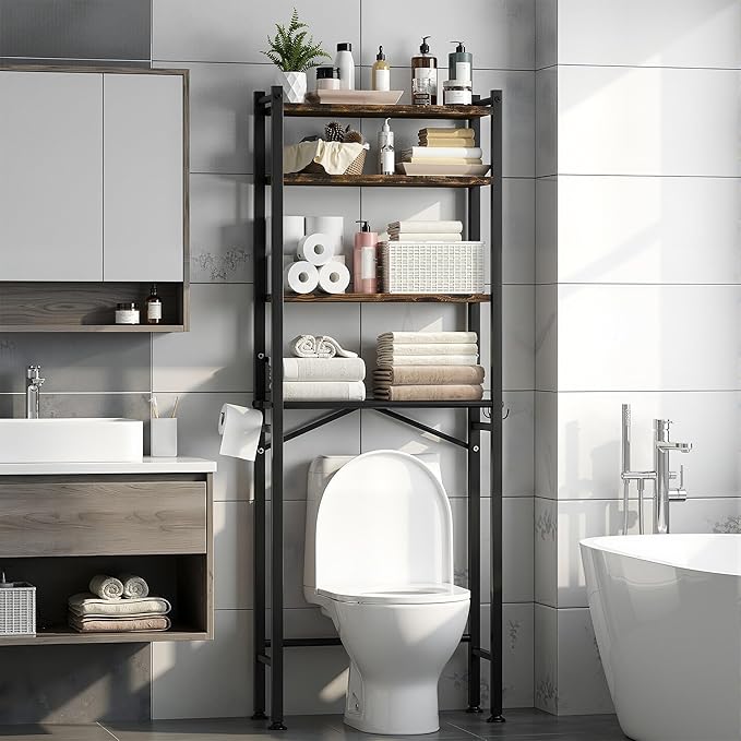 GloTika 4-Tier Over The Toilet Storage, Anti-Tilt, 69.3" H, Black Brown | Anti-Tilt Safety System, 150lb Capacity, Carbon Steel, Freestanding, Anti-Rust Coating, Paper Holder & 4 Hooks