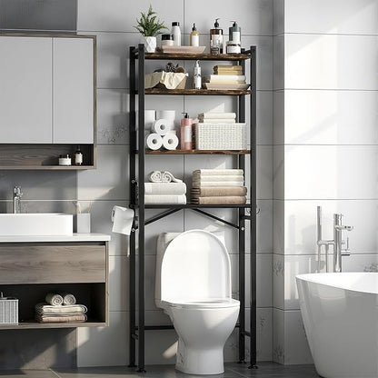 GloTika 4-Tier Over The Toilet Storage, Anti-Tilt, 69.3" H, Black Brown | Anti-Tilt Safety System, 150lb Capacity, Carbon Steel, Freestanding, Anti-Rust Coating, Paper Holder & 4 Hooks