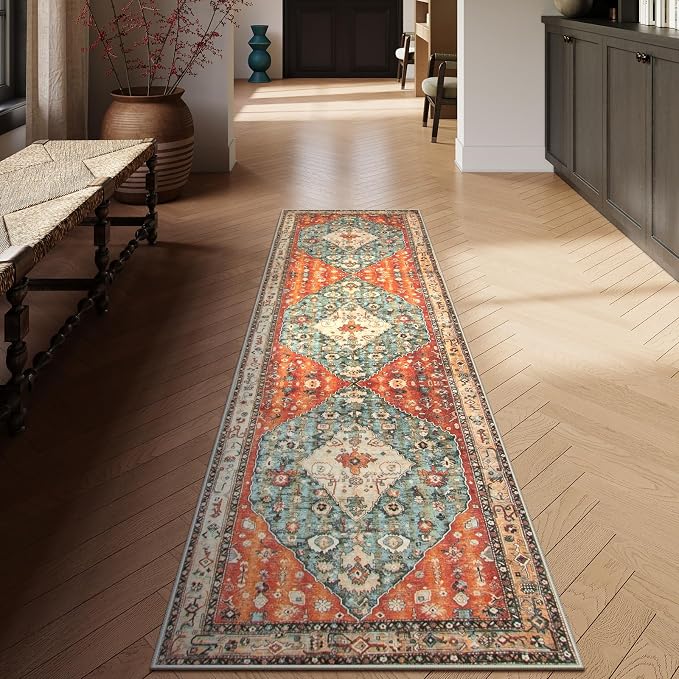 Lahome Felice Boho Tribal 2x8 Washable Kitchen Runner Rug, Soft Rug Runners for Hallways Non Slip, Vintage Oriental Indoor Throw Bathroom Carpet Runner for Entryway Bedroom (Rust/Dull Teal,2x8ft)