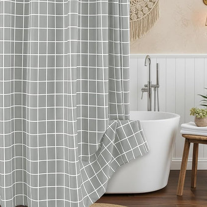 Fabric Farmhouse Shower Curtain-Extra Long Cloth Shower Curtains Bathroom | 72"Wx84"L Silver Grey Faux Linen Grid Minimalist Simple Rustic Neutral Shower Curtain-Geometric Plaid Washable Hotel Quality