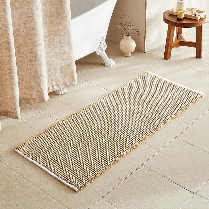 TYUU Waffle Runner Rug Bathroom, Long Boho Bath Mat, 60x24 Khaki & White | Super Absorbent Quick Dry Bath Rug, Non-Slip Backing, Soft Waffle Washable Farmhouse Bathroom Mats, Tub, Shower & Home Decor