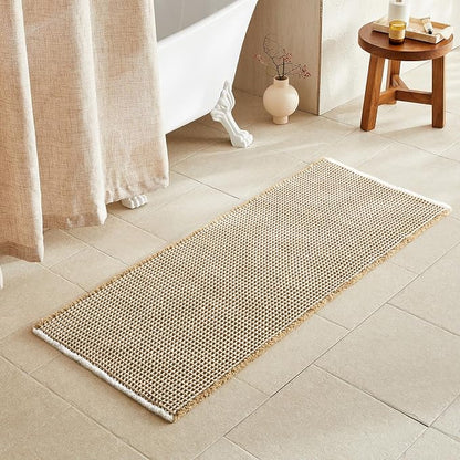 TYUU Waffle Runner Rug Bathroom, Long Boho Bath Mat, 60x24 Khaki & White | Super Absorbent Quick Dry Bath Rug, Non-Slip Backing, Soft Waffle Washable Farmhouse Bathroom Mats, Tub, Shower & Home Decor