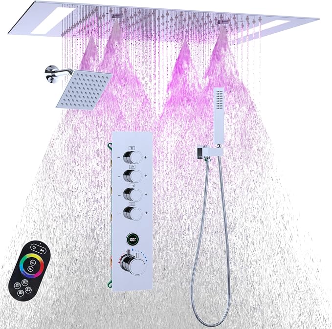Luxury 20x14in LED Rainfall Mist Dual Shower System Can Run Togther | 4-way Thermostatic Digital Display Brass Valve, Ceiling Flush Mount Showerhead and 6in Tilt Shower, Brass Handheld, Chrome