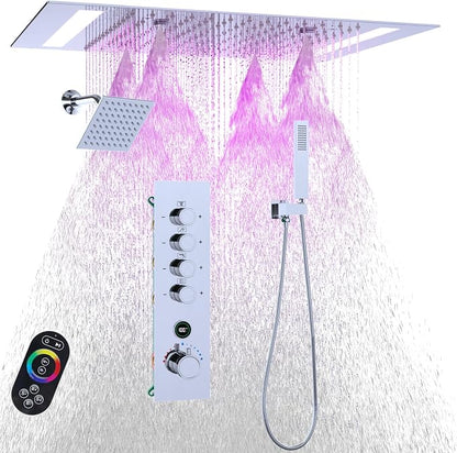 Luxury 20x14in LED Rainfall Mist Dual Shower System Can Run Togther | 4-way Thermostatic Digital Display Brass Valve, Ceiling Flush Mount Showerhead and 6in Tilt Shower, Brass Handheld, Chrome