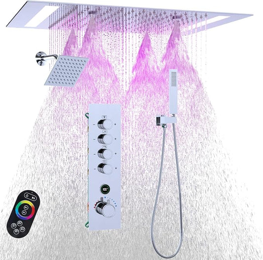 Luxury 20x14in LED Rainfall Mist Dual Shower System Can Run Togther | 4-way Thermostatic Digital Display Brass Valve, Ceiling Flush Mount Showerhead and 6in Tilt Shower, Brass Handheld, Chrome