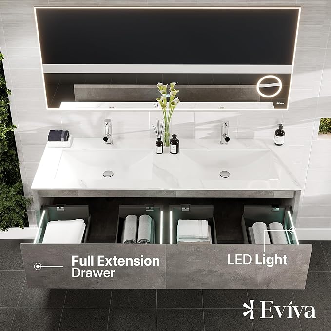 Eviva Aurora 60 in. Concrete Gray Wall Mount Double Sink Bath Vanity with Carrara Quartz Top
