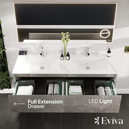 Eviva Aurora 60 in. Concrete Gray Wall Mount Double Sink Bath Vanity with Carrara Quartz Top