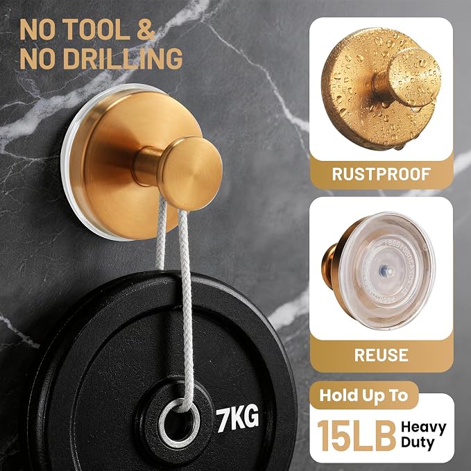 Suction Cup Hooks for Shower No-Drill Bathroom Hooks for Towels, Robes, Loofah Mountable on Bathroom Walls, Kitchen, Glass, Mirrors, Tile and Smooth,Non-Porous Surfaces (2, Champagne Bronze)