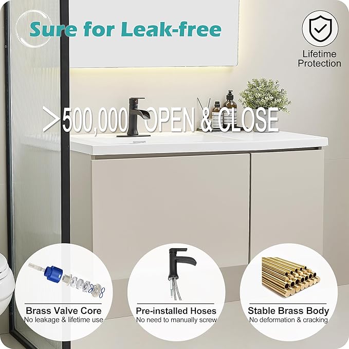 Matte Black Waterfall Bathroom Faucets, 1 Hole or 3 Hole (4 Inch) Bathroom Sink Faucet with Drain, Deck Plate, 1 Handle for Vanity, Restroom, RV, Modern, Brass Material