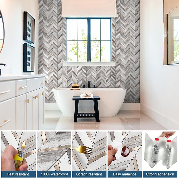 Yipscazo 10-Sheet Wood Grain Herringbone Peel and Stick Backsplash for Kitchen Walls,Heat Resistant PVC Mixed Metal Stick on Backsplash Tiles,Waterproof Peel and Stick Tile for Bathroom&Shower
