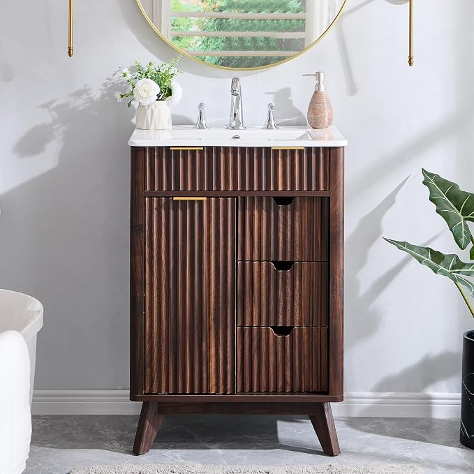 T4TREAM 24" Fluted Bathroom Vanity with Ceramic Sink Combo, Dark Walnut | Freestanding Small Modern Bathroom Storage Vanity Cabinet with Sliding Door & 3 Drawer, Wood Grain Texture, Metal Handle