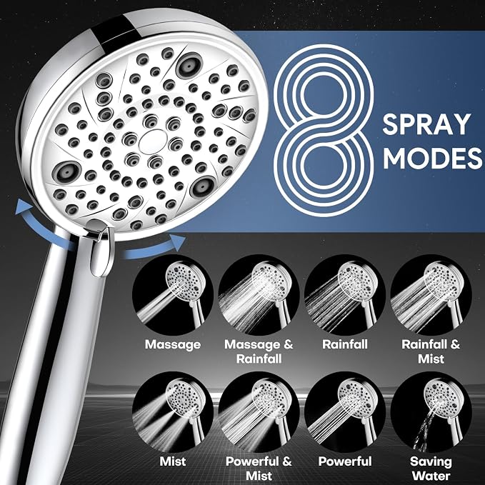 FEELSO Shower Head with Handheld Spray, 8" High Pressure Rain Showerhead | 7+8 Modes Dual Shower Head Combo, Anti-Clog Nozzles, 71" Hose Extra Long, Adjustable Holder, Shower Separately or Together