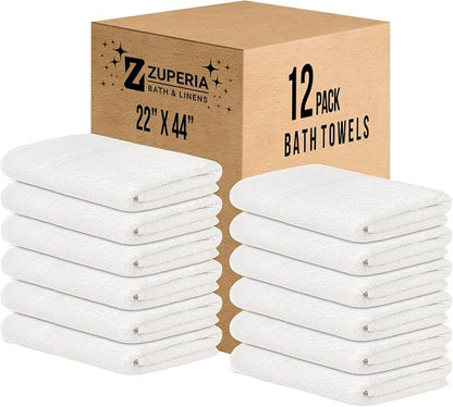 ZUPERIA White Bath Towels Bulk 12 Pack (22 x 44 Inches) - 100% Cotton Economy Light Weight Towels for Commercial Use - Quick Dry, Ultra-Soft, and Absorbent Bulk Towels