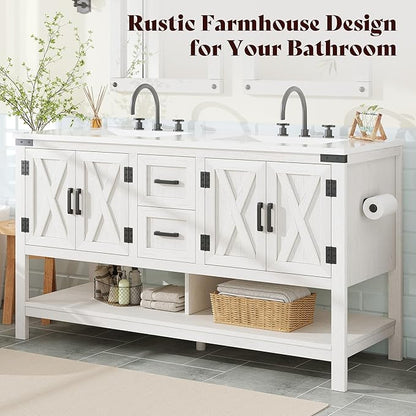 AMERLIFE 60” Farmhouse Bathroom Vanity with Double Sink, Freestanding Cabinet with 2 Drawers, 4 Barn Doors & Open Shelf, Rustic Storage for Master or Family Bathroom, Antique White