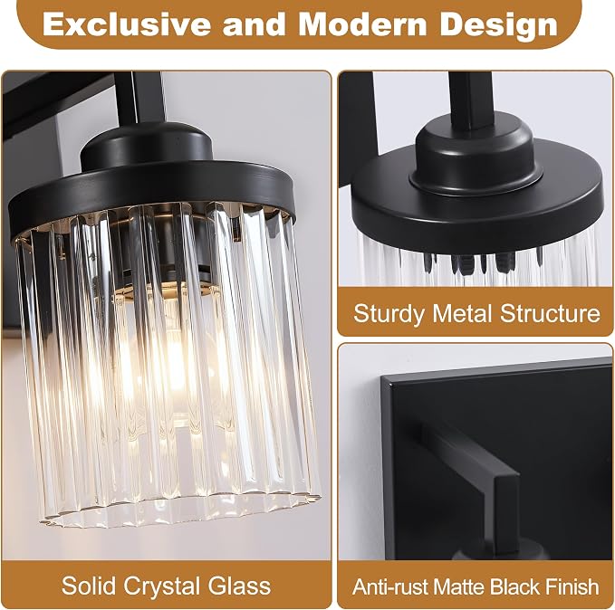3-Light Black Bathroom Vanity Light, Crystal Glass Shades | Modern Wall Lighting Fixtures Over Mirror, for Bathroom, Matte Black Finish, Rust-resistant Metal, Farmhouse Industrial Style