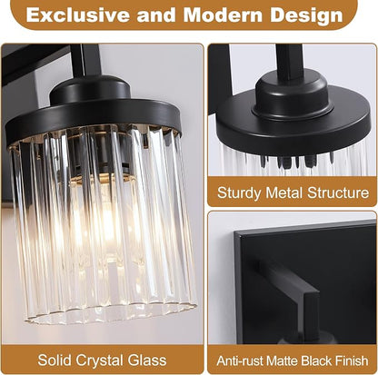 3-Light Black Bathroom Vanity Light, Crystal Glass Shades | Modern Wall Lighting Fixtures Over Mirror, for Bathroom, Matte Black Finish, Rust-resistant Metal, Farmhouse Industrial Style