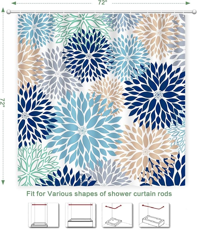 Shower Curtain Dahlia, Floral Shower Curtain Teal Blue Flowers Shower Curtains with Hooks for Bathroom Waterproof Polyester Fabric Machine Washable Home Farmhouse Decor Bath Curtains 72 X 72 Inches