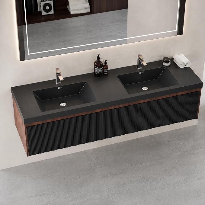 Floating Bathroom Vanity, 72" Wall Mounted Bathroom Cabinet with 2 Matte Black Quartz Sand Sinks & U-Shaped Soft-Close Drawers, Pre-Assembled Striped Storage Vanity for Bathroom, Walnut&Black