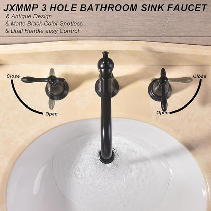 Matte Black Antique Bathroom Faucet 3 Hole, Widespread Sink Faucet with Pop Up Drain and cUPC Supply Hose, Modern 2 Handle Black Faucet for Bathroom Sink JXM3073BK