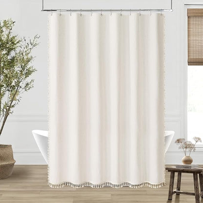 Cream Linen Shower Curtain with Tassels Water Repellent 72x96 Inch | Modern Elegant Bohemian Country Minimalist Style, Bathroom Decor Shower Curtains, Ivory Natural, Fabric Drapes, with Hooks