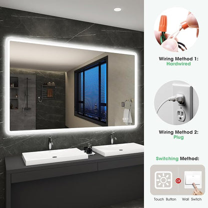 S'bagno 55"x36" LED Bathroom Mirror with Lights, Bluetooth Speaker, Anti-Fog & Waterproof, Dimmable Wall Mirror with Touch Control, 3 Light Colors, Vertical or Horizontal
