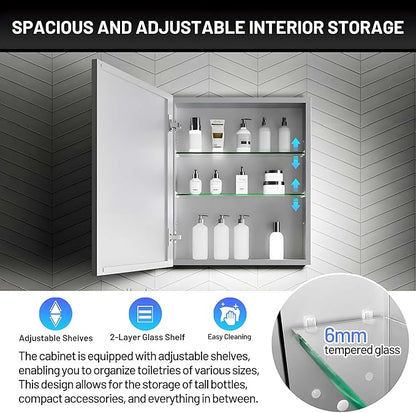 20 x 24 Medicine Cabinet Mirror for Bathroom,Assembly Required,Aluminum Alloy Frame,Recessed/Surface Mounted,Reversible L/R Door,Adjustable Shelves,Bathroom Medicine Cabinet with Mirror