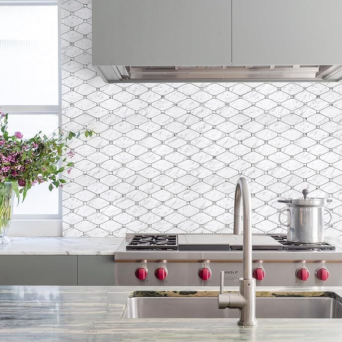 STICKGOO 10 Sheets Peel and Stick Backsplash, Carrara White | Stick on Mosaic Tiles for Kitchen Wall Decor, Long-Lasting, PVC Mixed Glass, Ideal for Vanities, Bathrooms