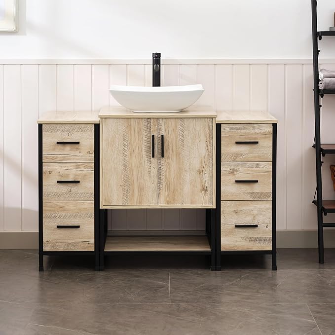 UEV 48" Rustic Oak Bathroom Vanity with Sink Combo,Industrial Iron Frame Bathroom Cabinet Sets with Double 3 Drawers Side Cabinet,Modern Artistic Ceramic Vessel Sink(032WH)