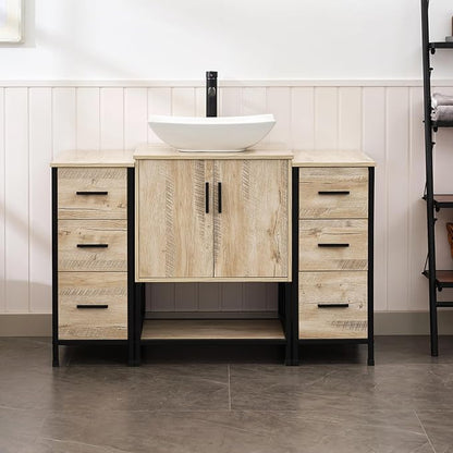 UEV 48" Rustic Oak Bathroom Vanity with Sink Combo,Industrial Iron Frame Bathroom Cabinet Sets with Double 3 Drawers Side Cabinet,Modern Artistic Ceramic Vessel Sink(032WH)