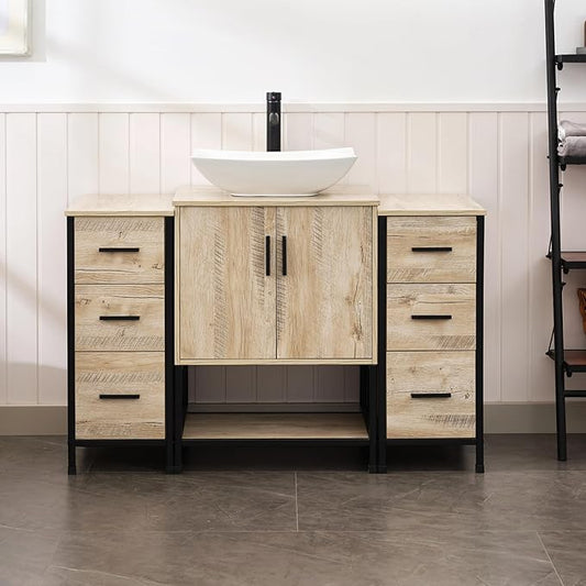 UEV 48" Rustic Oak Bathroom Vanity with Sink Combo,Industrial Iron Frame Bathroom Cabinet Sets with Double 3 Drawers Side Cabinet,Modern Artistic Ceramic Vessel Sink(032WH)