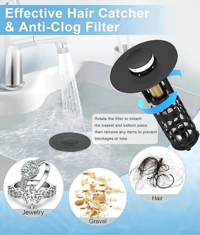 QYHNYJF Upgraded Bathroom Sink Stopper with Hair Catcher - Universal Pop-Up Drain Plug, Stainless Steel & Silicone Seal for 1.1-1.5 Inch Drains, Matte Black Finish (Matte Black)