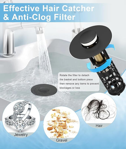 QYHNYJF Upgraded Bathroom Sink Stopper with Hair Catcher - Universal Pop-Up Drain Plug, Stainless Steel & Silicone Seal for 1.1-1.5 Inch Drains, Matte Black Finish (Matte Black)