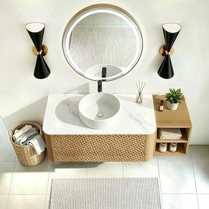 48 Inch Modern Bathroom Vanity with Ceramic Sink, Floating Bathroom Sink Cabinet with Sintered Stone Top&Solid Wood Hammered Frame, Single Bathroom Vanities w/Soft-Close Drawer&IDE Open Cube