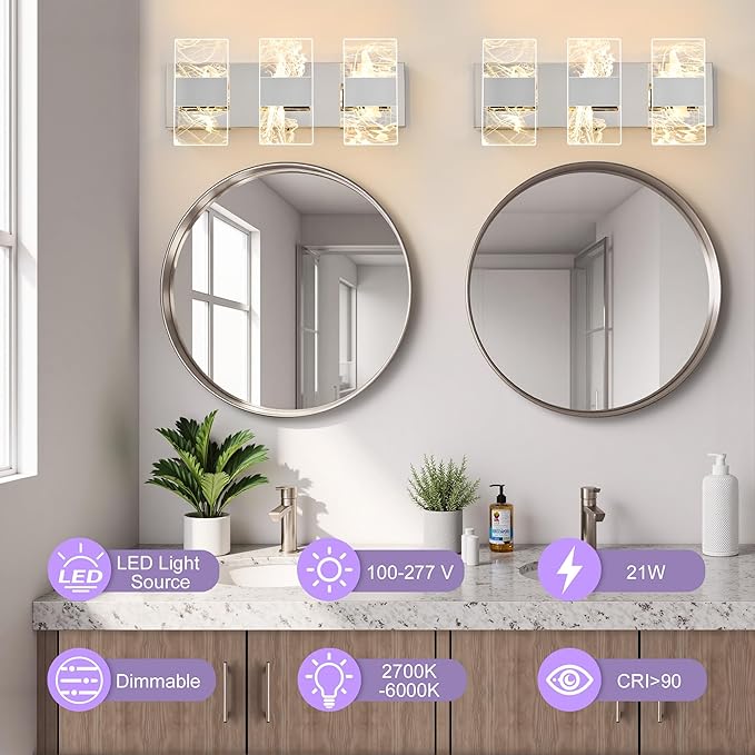 Modern LED Bathroom Light Fixtures Dimmable 3-Light Chrome Vanity Light, 5CCT Adjustable Lighting Fixture Vanity Lights Over Mirror, Smoked Acrylic LED Vanity Lights for Bathroom