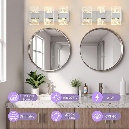 Modern LED Bathroom Light Fixtures Dimmable 3-Light Chrome Vanity Light, 5CCT Adjustable Lighting Fixture Vanity Lights Over Mirror, Smoked Acrylic LED Vanity Lights for Bathroom